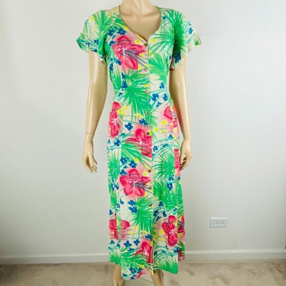 Jams World Button Down Tie Back Women's Size M Midi Dress Leaf & Floral Print - Picture 6 of 11